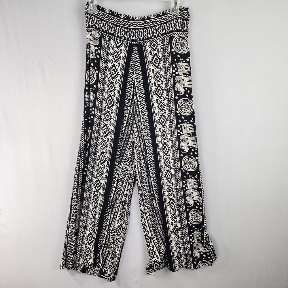 Boho Split Pants Sz 2 Elephants Flowy Pull On 100% Cotton